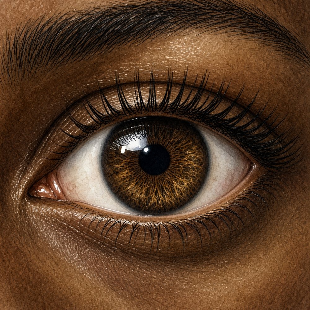 Close-up of a human eye showing a brown iris