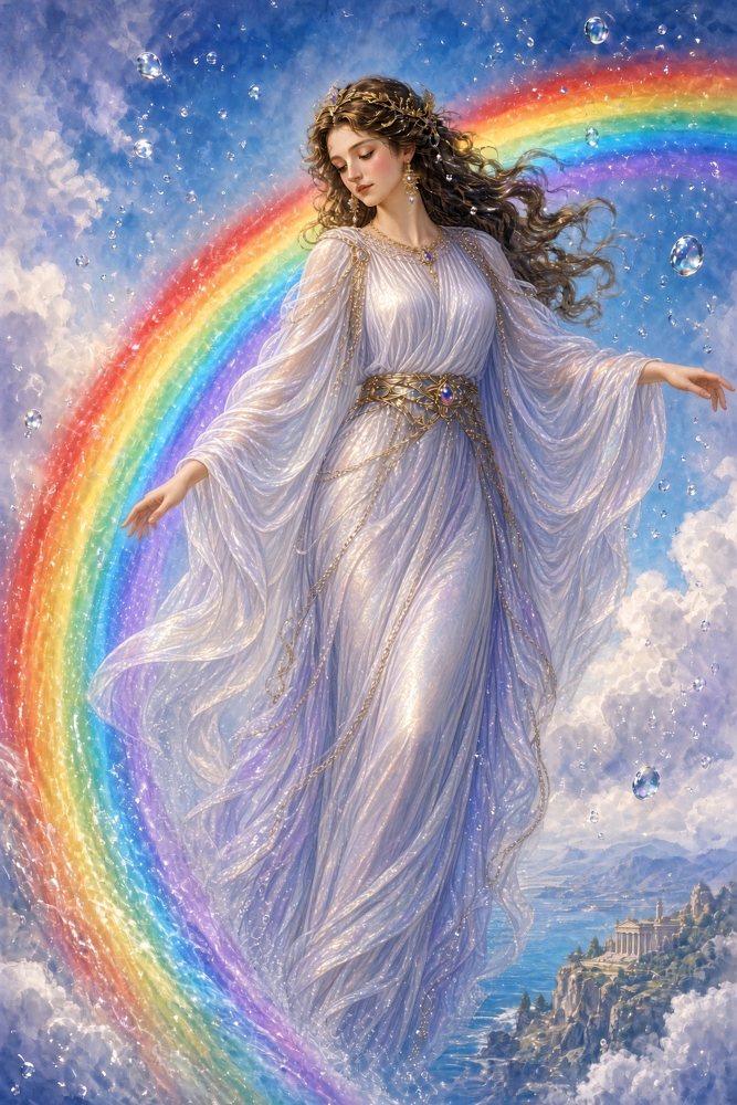 Painting-style image of Iris, Greek goddess of the rainbow